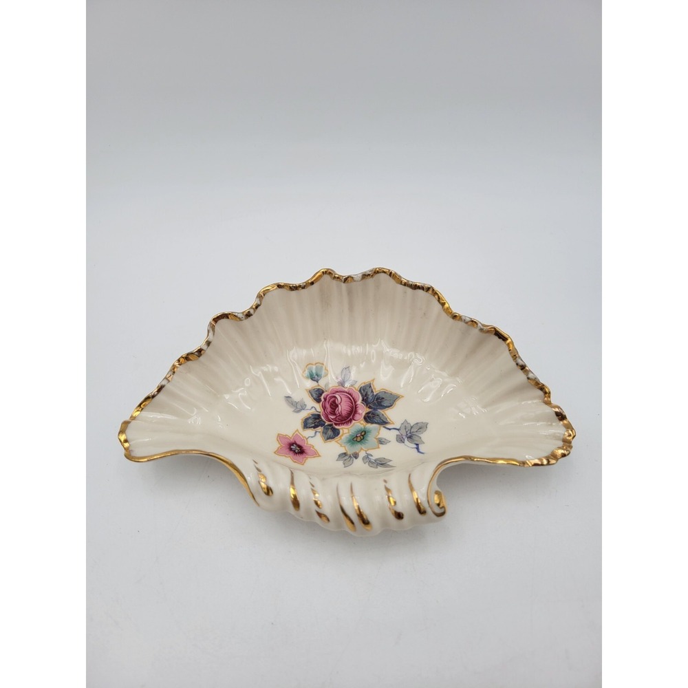 Franciscan Kaolena California Pottery Gold Trim Floral Shell Trinket Soap Dish
